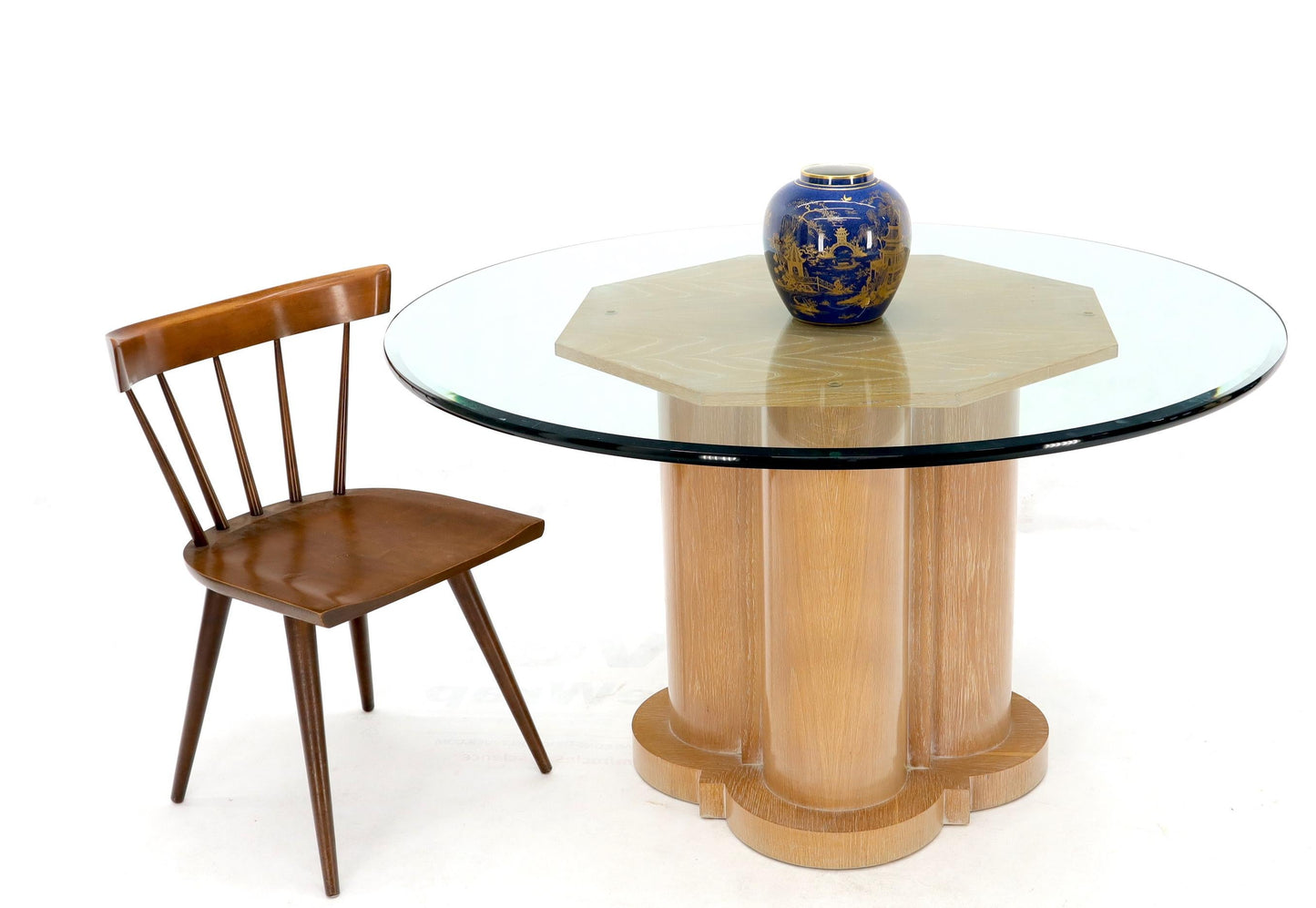 Cerused Oak Triple Cylinder Base 52"  Round Glass Top Dining Conference Table