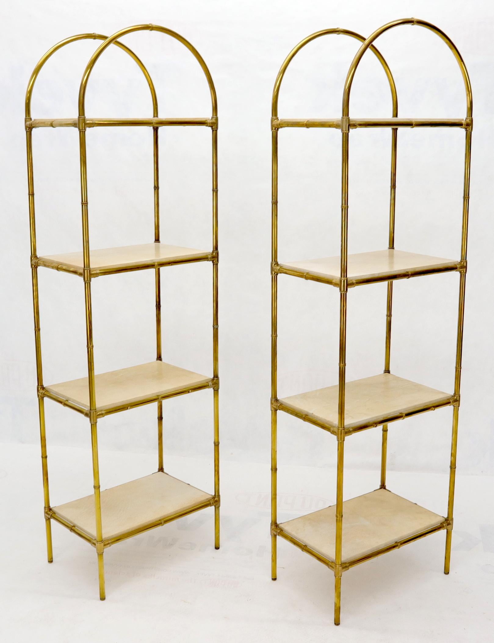 EstablishedLines Pair Solid Brass Faux Bamboo Arch Shape Top Goat Skin Parchment Shelves Etageres
