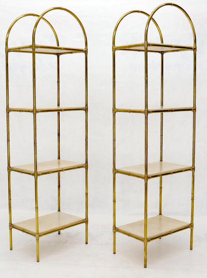 EstablishedLines Pair Solid Brass Faux Bamboo Arch Shape Top Goat Skin Parchment Shelves Etageres