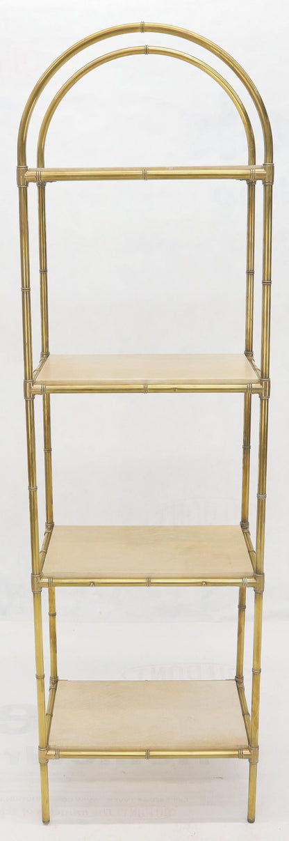 EstablishedLines Pair Solid Brass Faux Bamboo Arch Shape Top Goat Skin Parchment Shelves Etageres