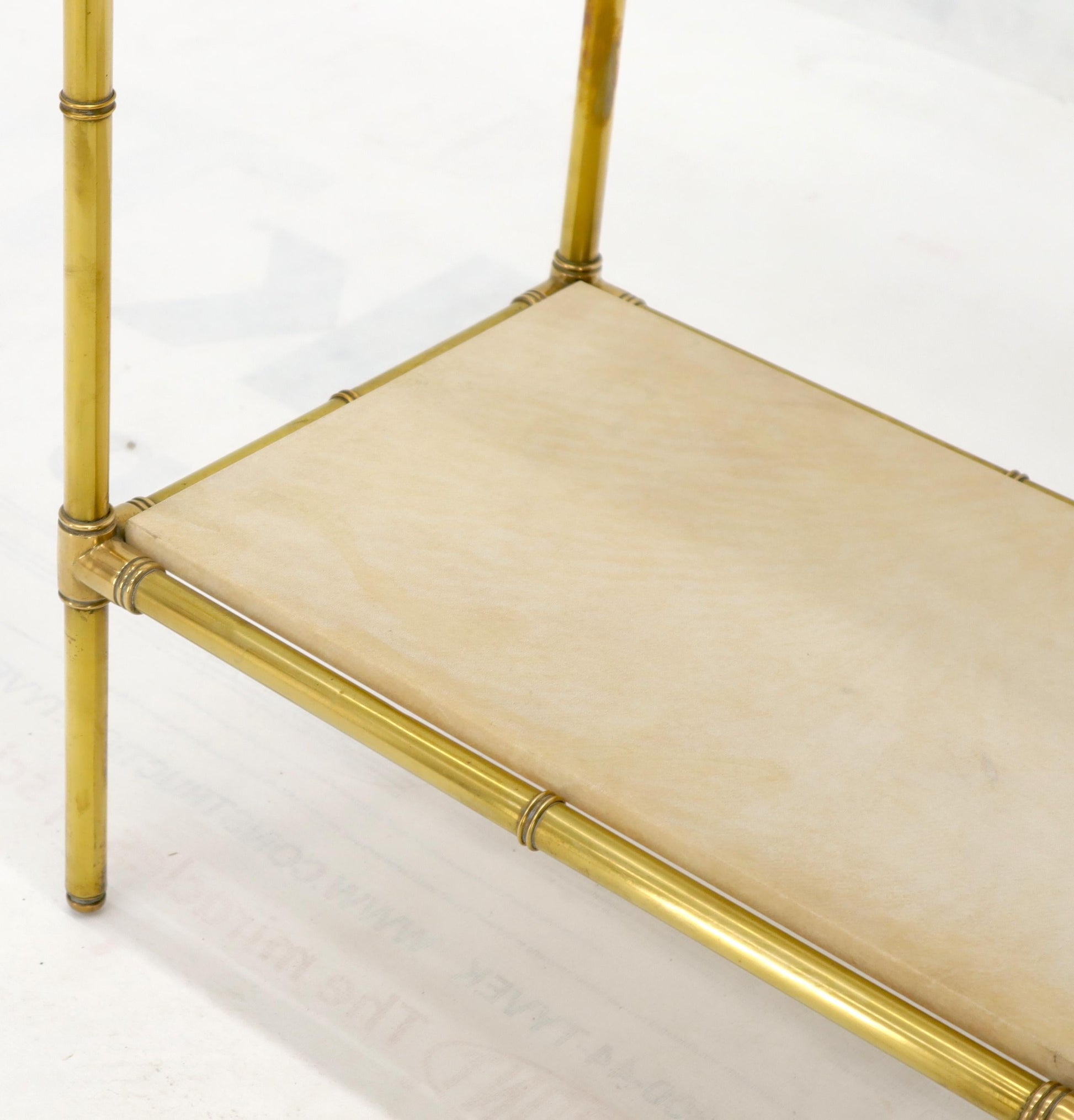 EstablishedLines Pair Solid Brass Faux Bamboo Arch Shape Top Goat Skin Parchment Shelves Etageres