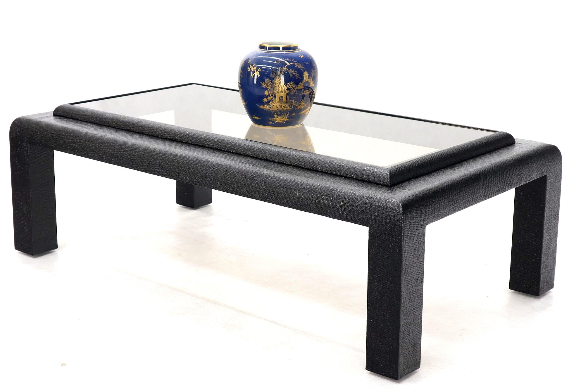 EstablishedLines Cloth Wrapped Black Lacquer Glass Top Rectangular Coffee Table