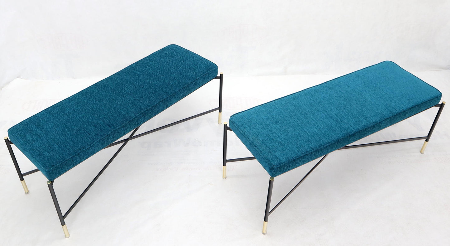 EstablishedLines Pair of Italian Mid-Century Modern New Blue Upholstery X-Stretchers Benches