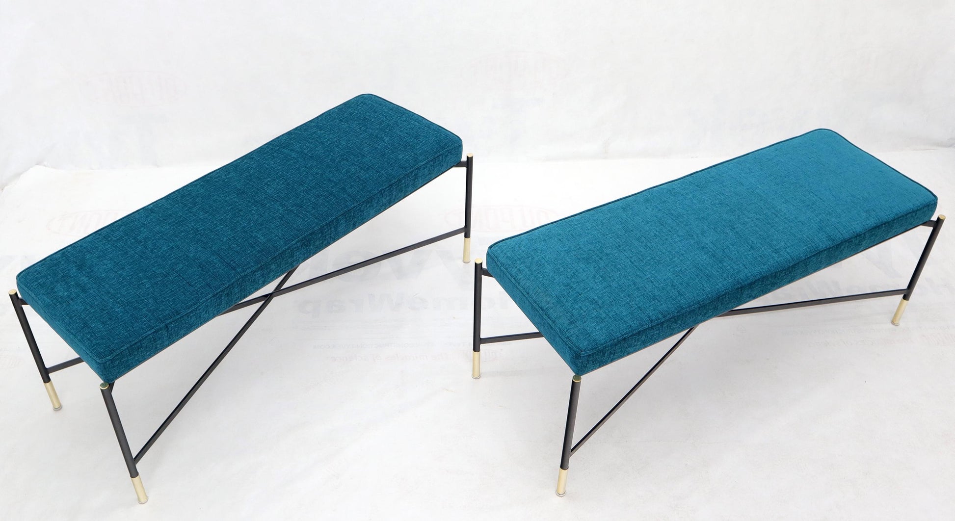 EstablishedLines Pair of Italian Mid-Century Modern New Blue Upholstery X-Stretchers Benches