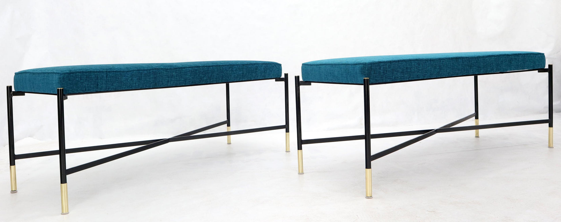 EstablishedLines Pair of Italian Mid-Century Modern New Blue Upholstery X-Stretchers Benches