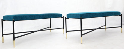 EstablishedLines Pair of Italian Mid-Century Modern New Blue Upholstery X-Stretchers Benches