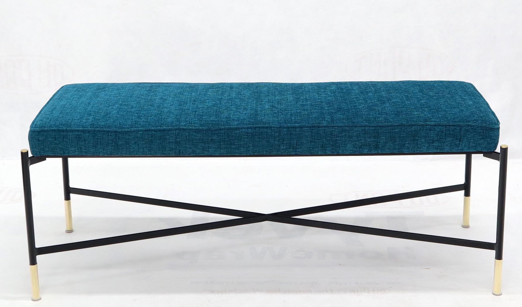 EstablishedLines Pair of Italian Mid-Century Modern New Blue Upholstery X-Stretchers Benches