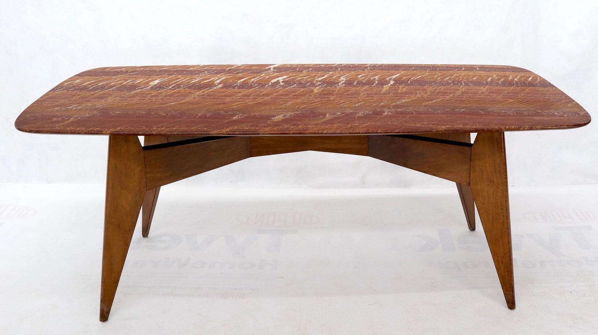 EstablishedLines Rouge Boat Shape Marble Top Dining Table on Compass Shape Solid Walnut Legs