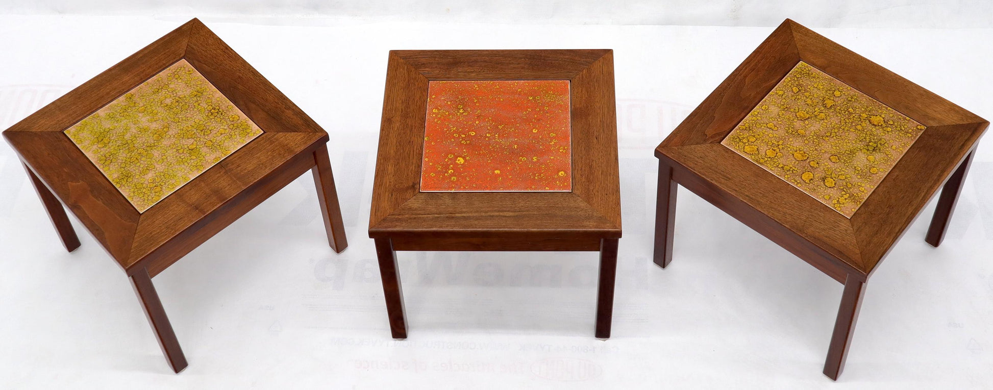 EstablishedLines Brown and Saltman Set of Three End Side Tables in Dark Oiled Walnut Art Tile Top