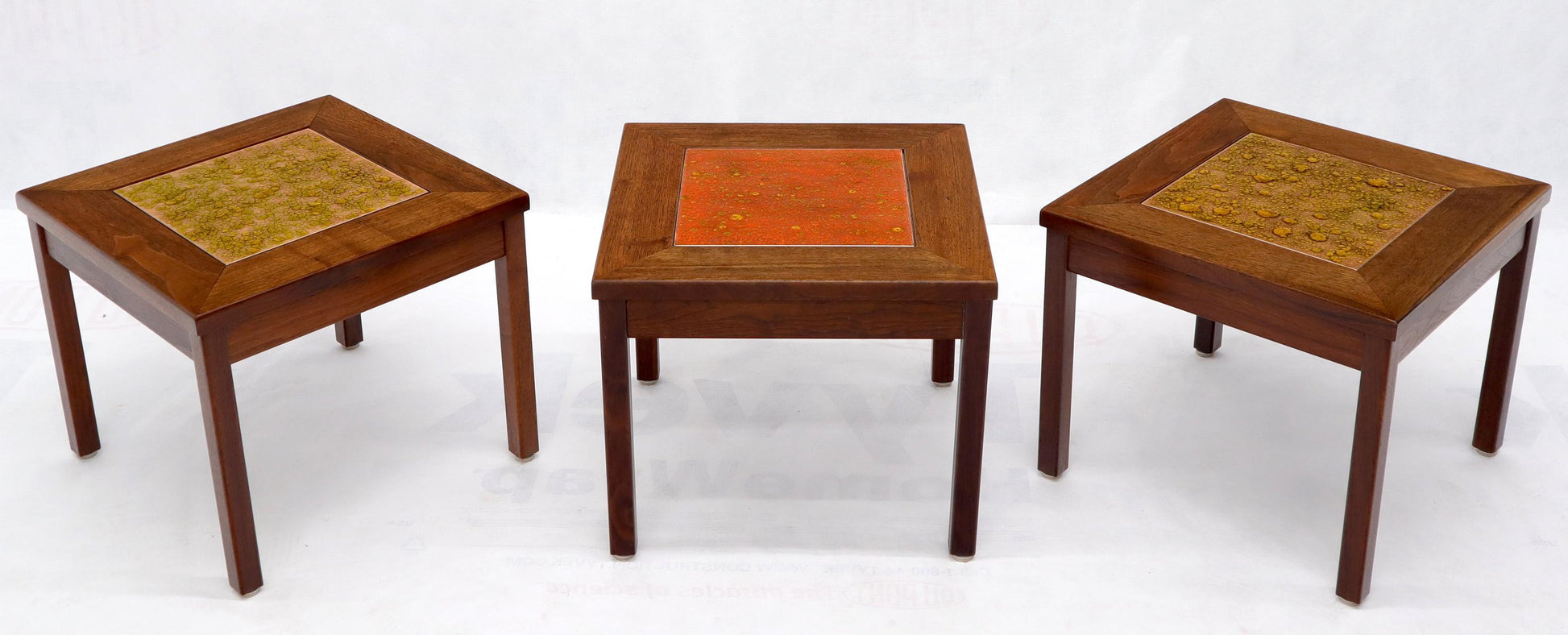 EstablishedLines Brown and Saltman Set of Three End Side Tables in Dark Oiled Walnut Art Tile Top