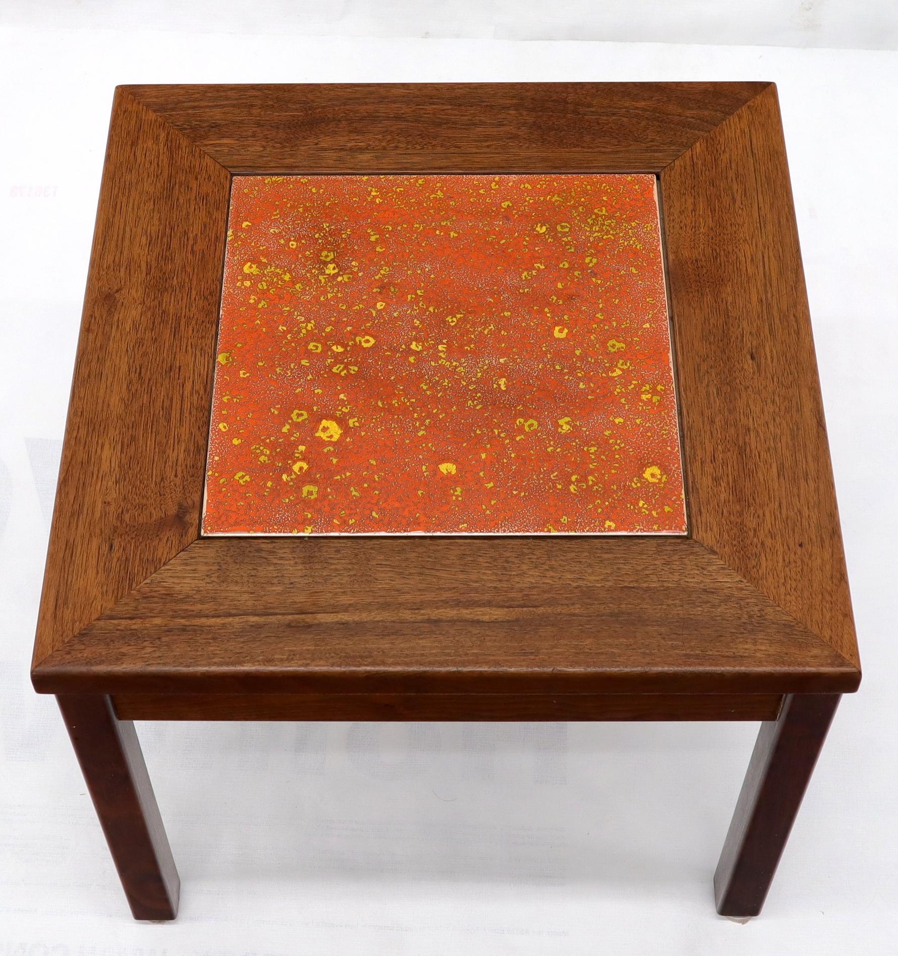 EstablishedLines Brown and Saltman Set of Three End Side Tables in Dark Oiled Walnut Art Tile Top
