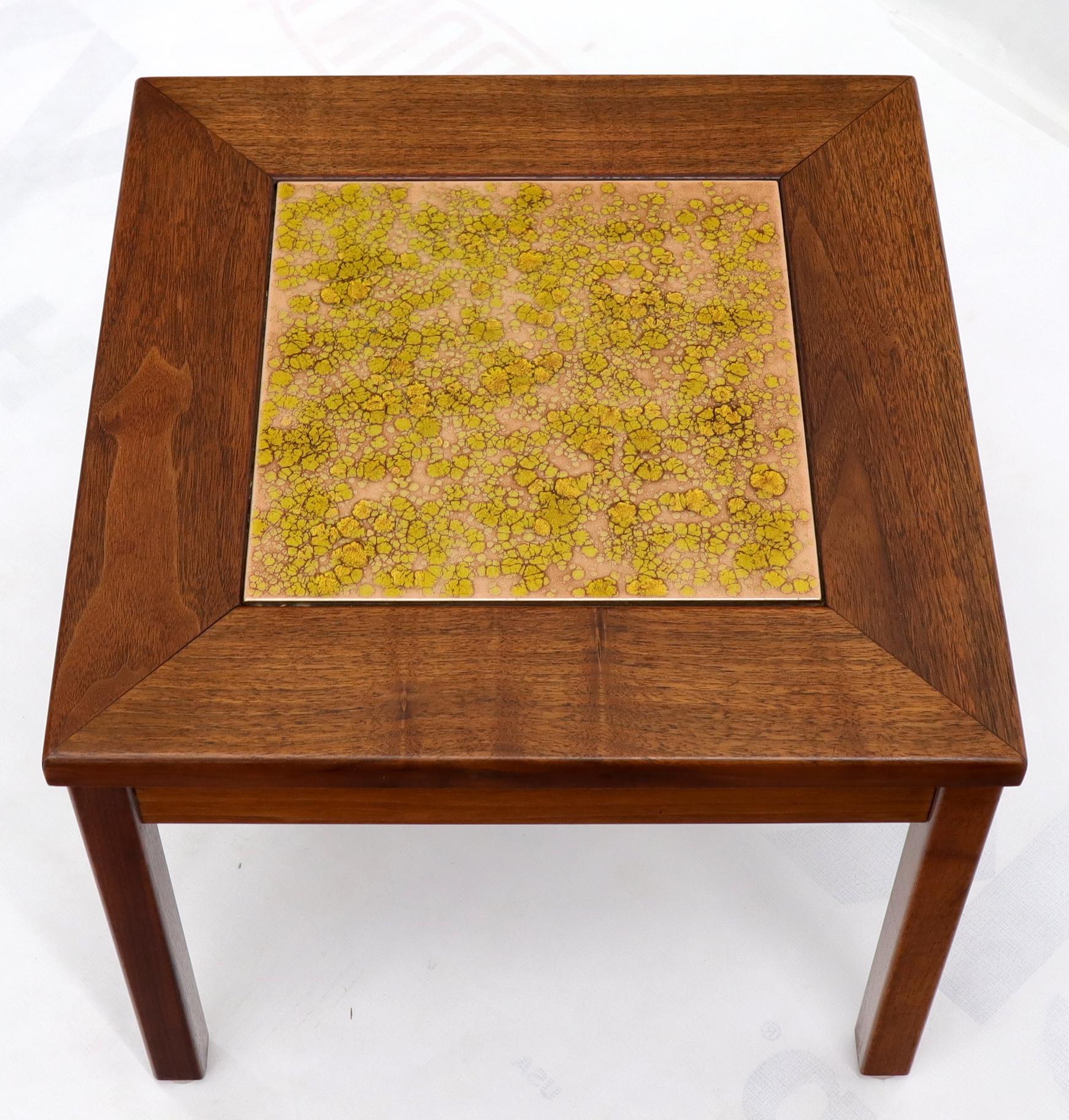EstablishedLines Brown and Saltman Set of Three End Side Tables in Dark Oiled Walnut Art Tile Top