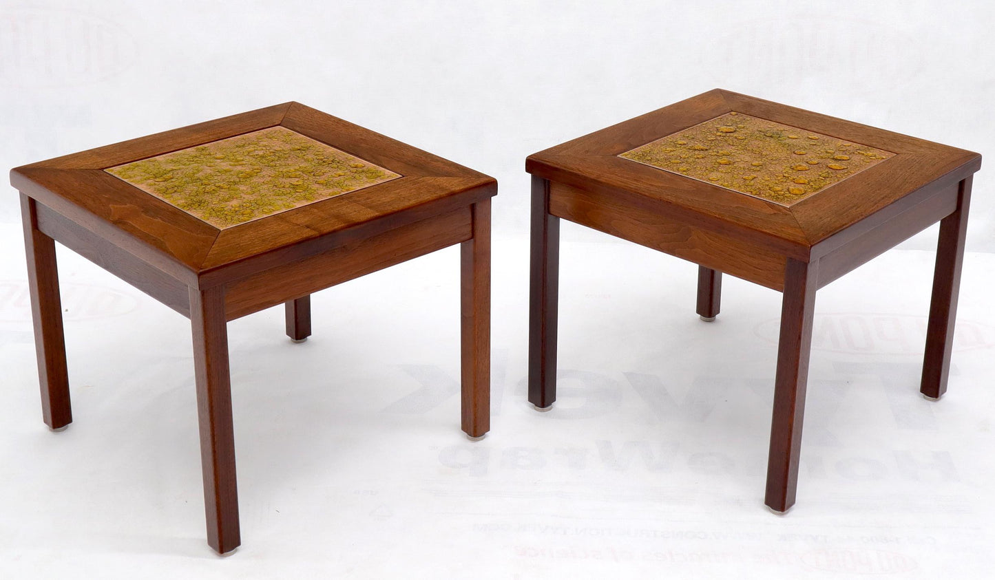 EstablishedLines Brown and Saltman Set of Three End Side Tables in Dark Oiled Walnut Art Tile Top