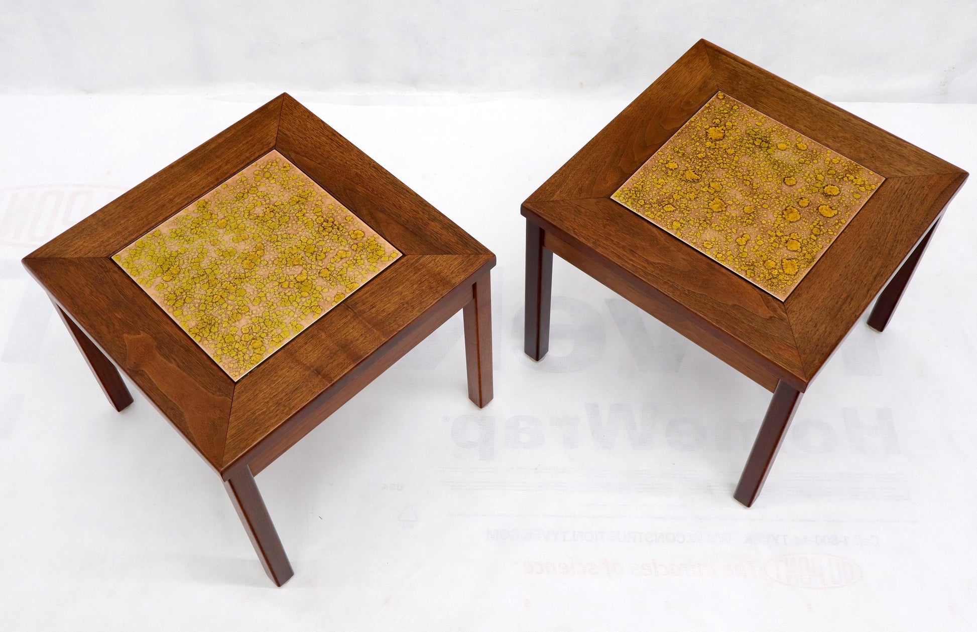EstablishedLines Brown and Saltman Set of Three End Side Tables in Dark Oiled Walnut Art Tile Top