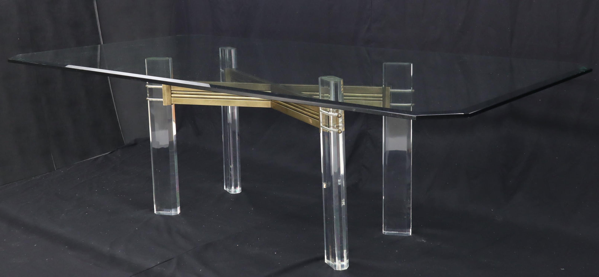 EstablishedLines Large Glass Top Lucite and Brass Base Conference Dining Table atr. Mastercraft