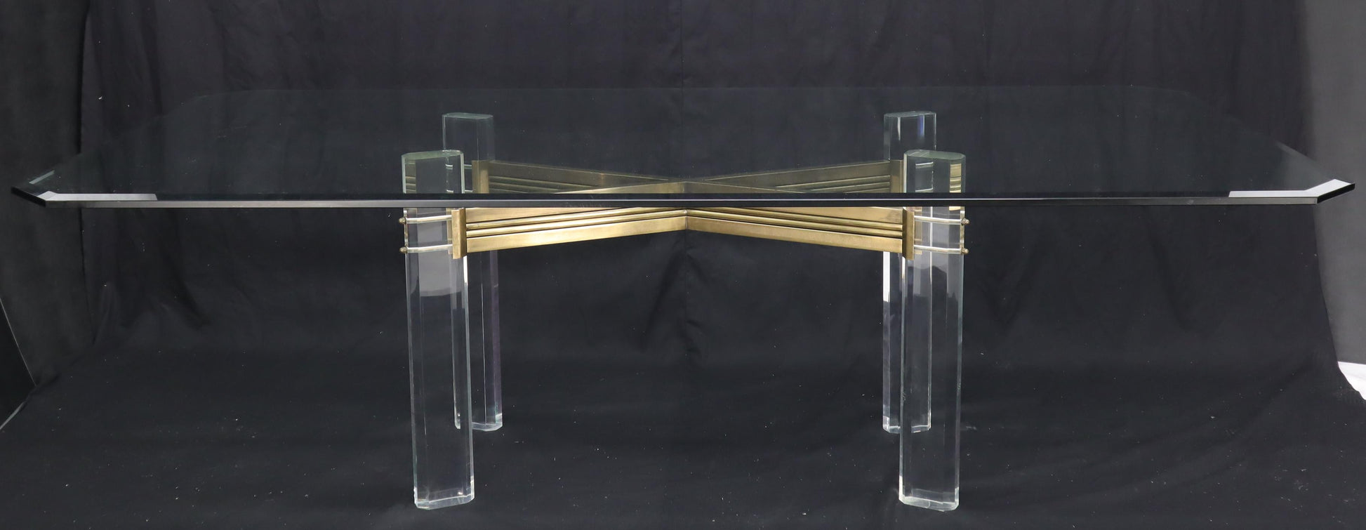 EstablishedLines Large Glass Top Lucite and Brass Base Conference Dining Table atr. Mastercraft