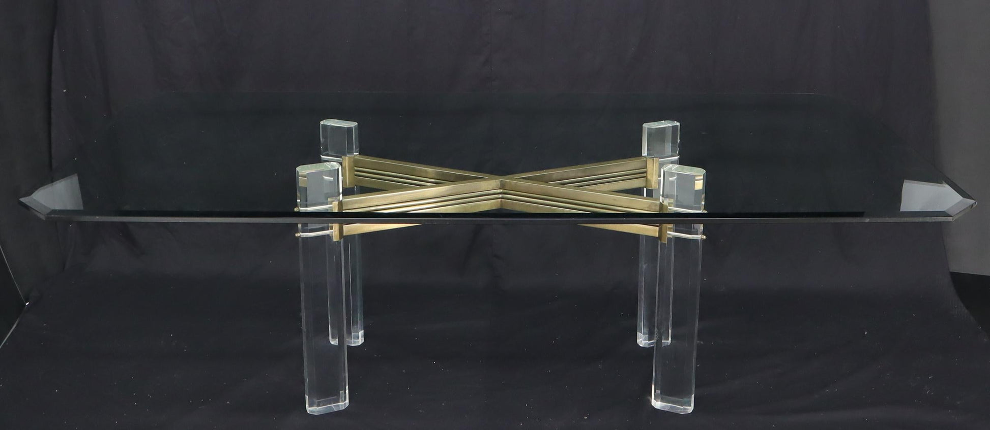 EstablishedLines Large Glass Top Lucite and Brass Base Conference Dining Table atr. Mastercraft