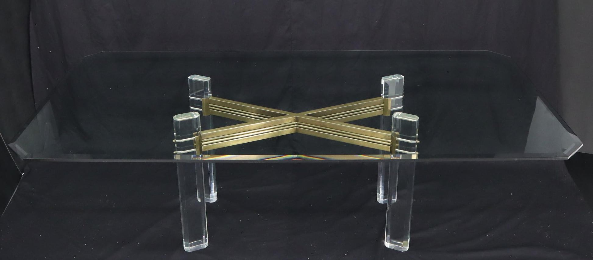 EstablishedLines Large Glass Top Lucite and Brass Base Conference Dining Table atr. Mastercraft