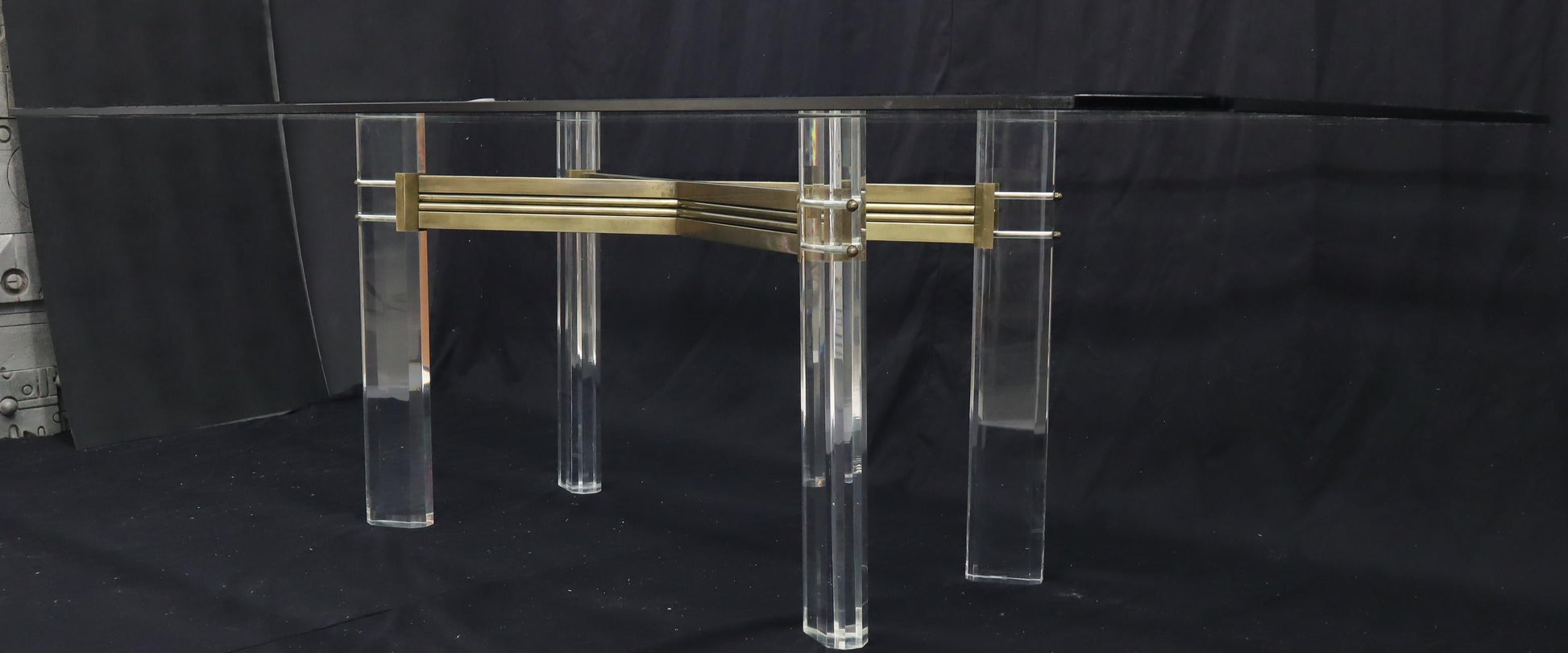 EstablishedLines Large Glass Top Lucite and Brass Base Conference Dining Table atr. Mastercraft