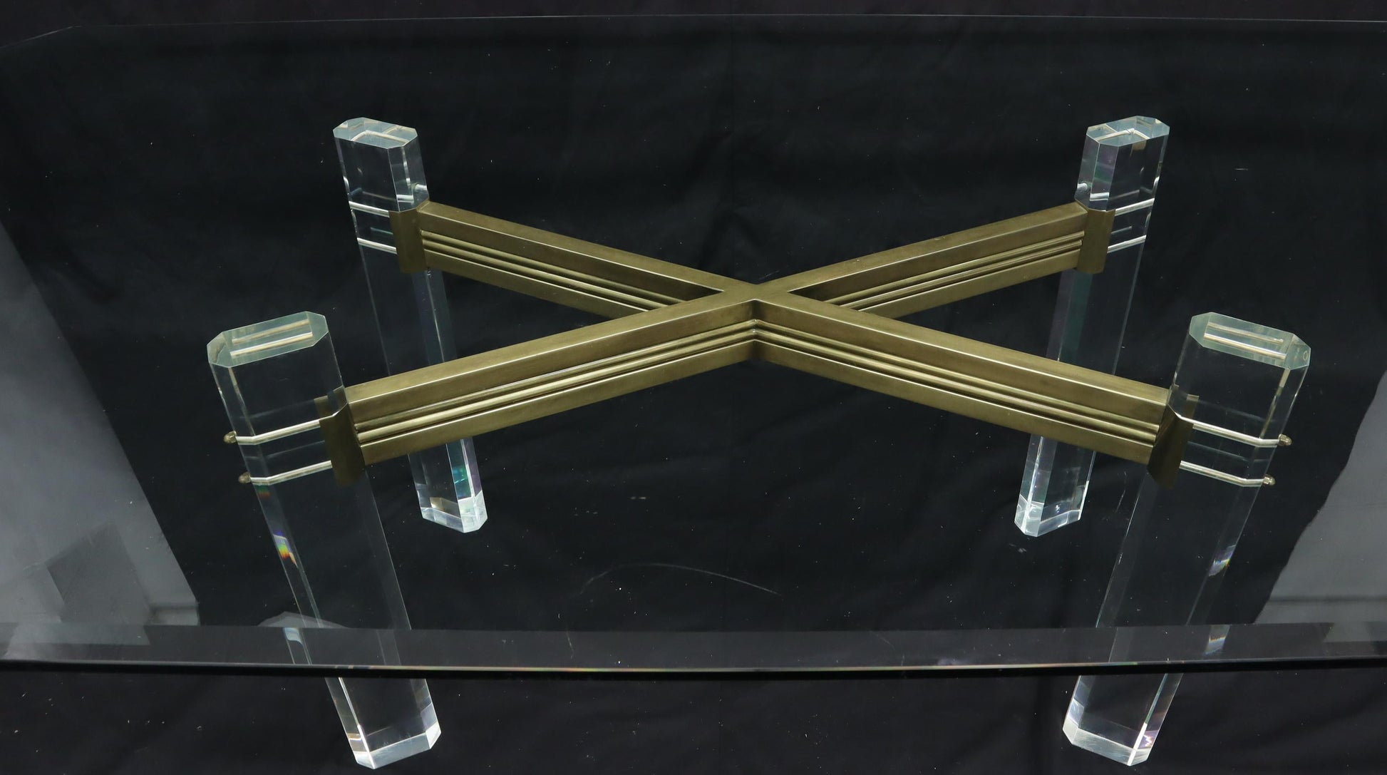 EstablishedLines Large Glass Top Lucite and Brass Base Conference Dining Table atr. Mastercraft