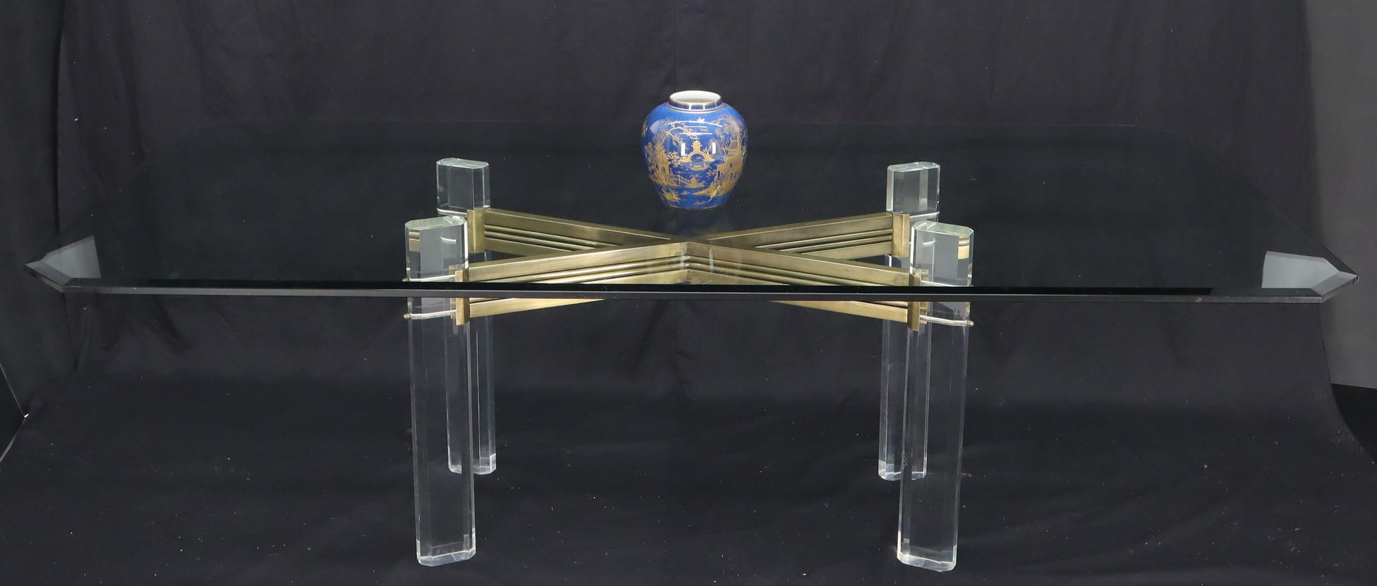 EstablishedLines Large Glass Top Lucite and Brass Base Conference Dining Table atr. Mastercraft