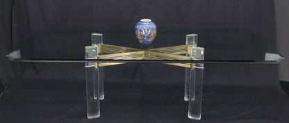 EstablishedLines Large Glass Top Lucite and Brass Base Conference Dining Table atr. Mastercraft