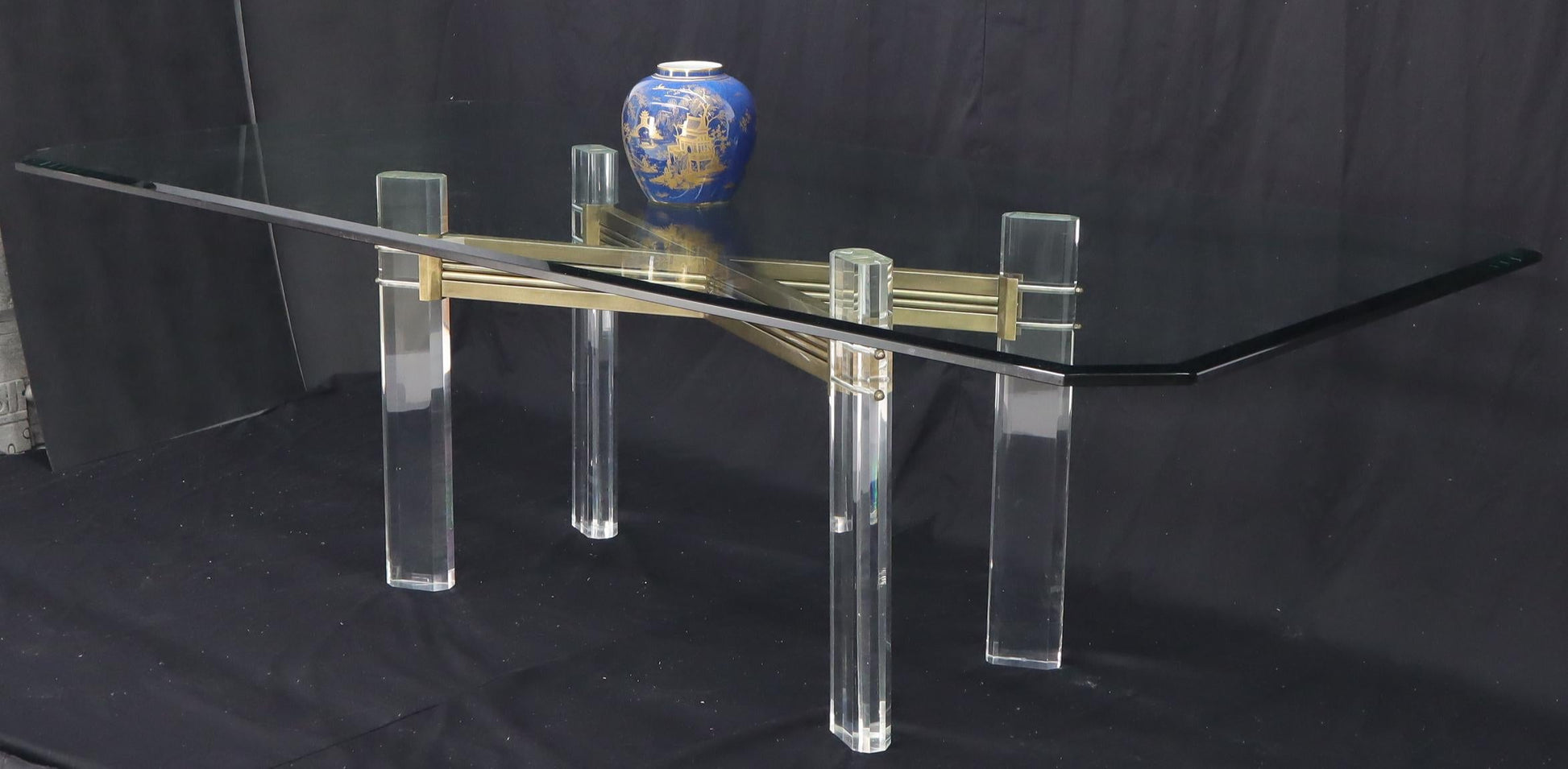 EstablishedLines Large Glass Top Lucite and Brass Base Conference Dining Table atr. Mastercraft