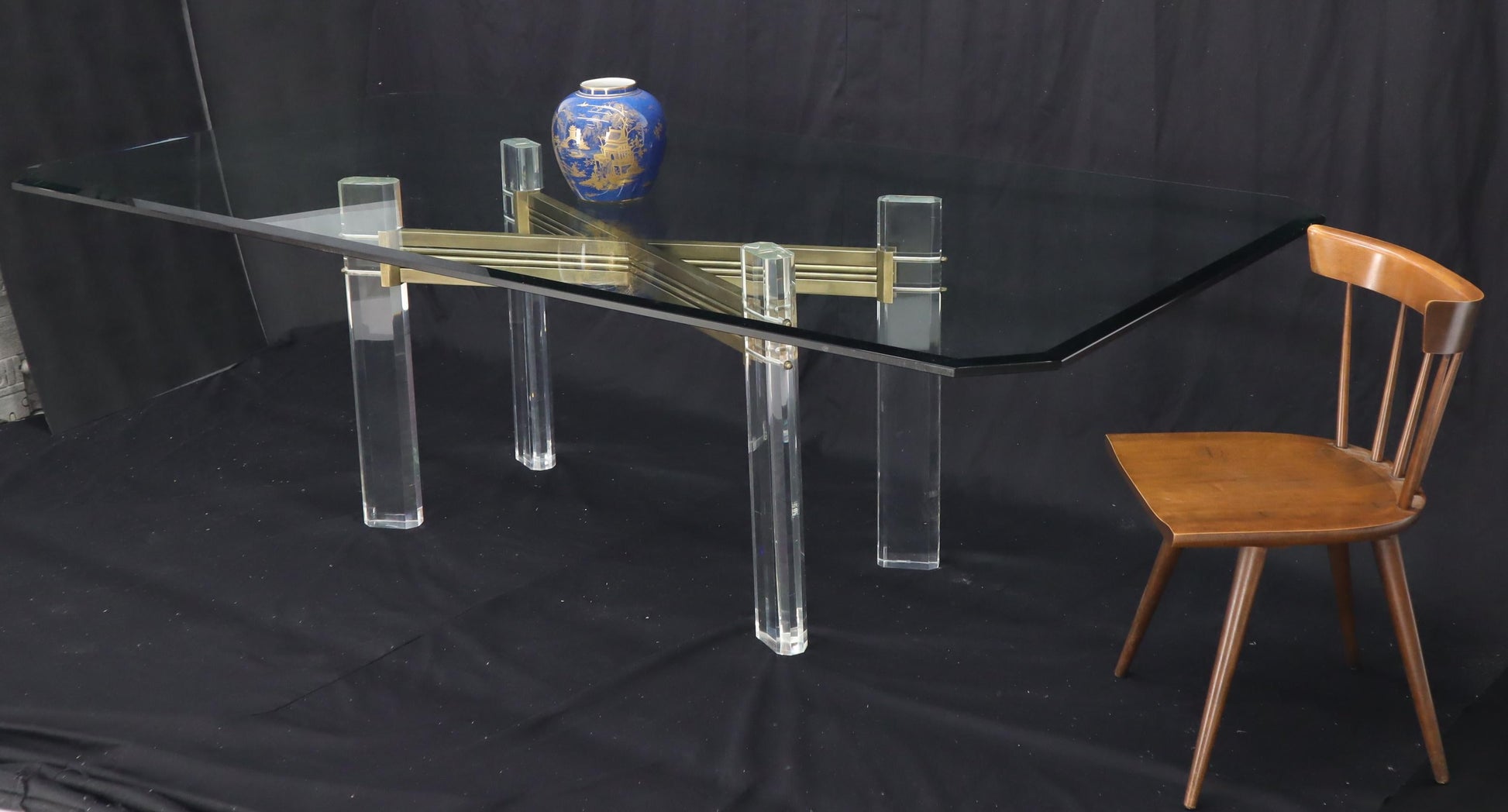EstablishedLines Large Glass Top Lucite and Brass Base Conference Dining Table atr. Mastercraft