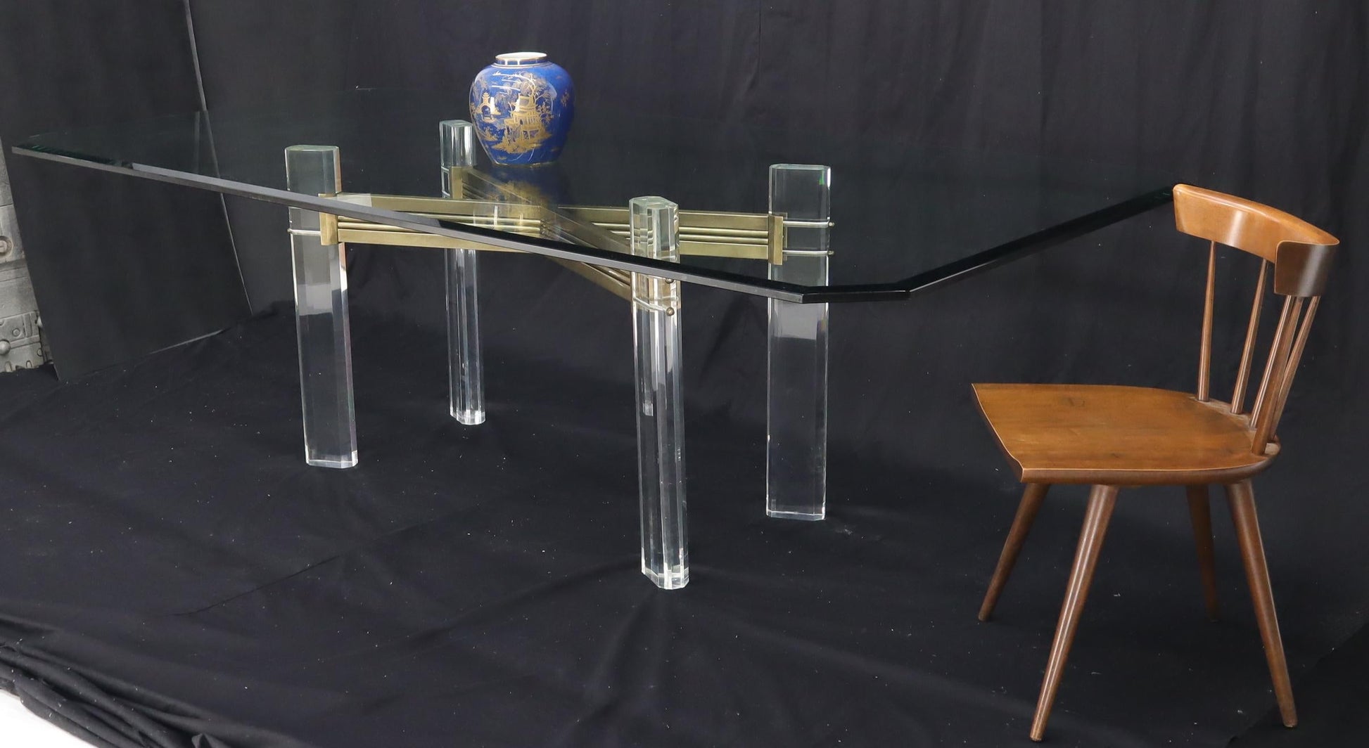 EstablishedLines Large Glass Top Lucite and Brass Base Conference Dining Table atr. Mastercraft