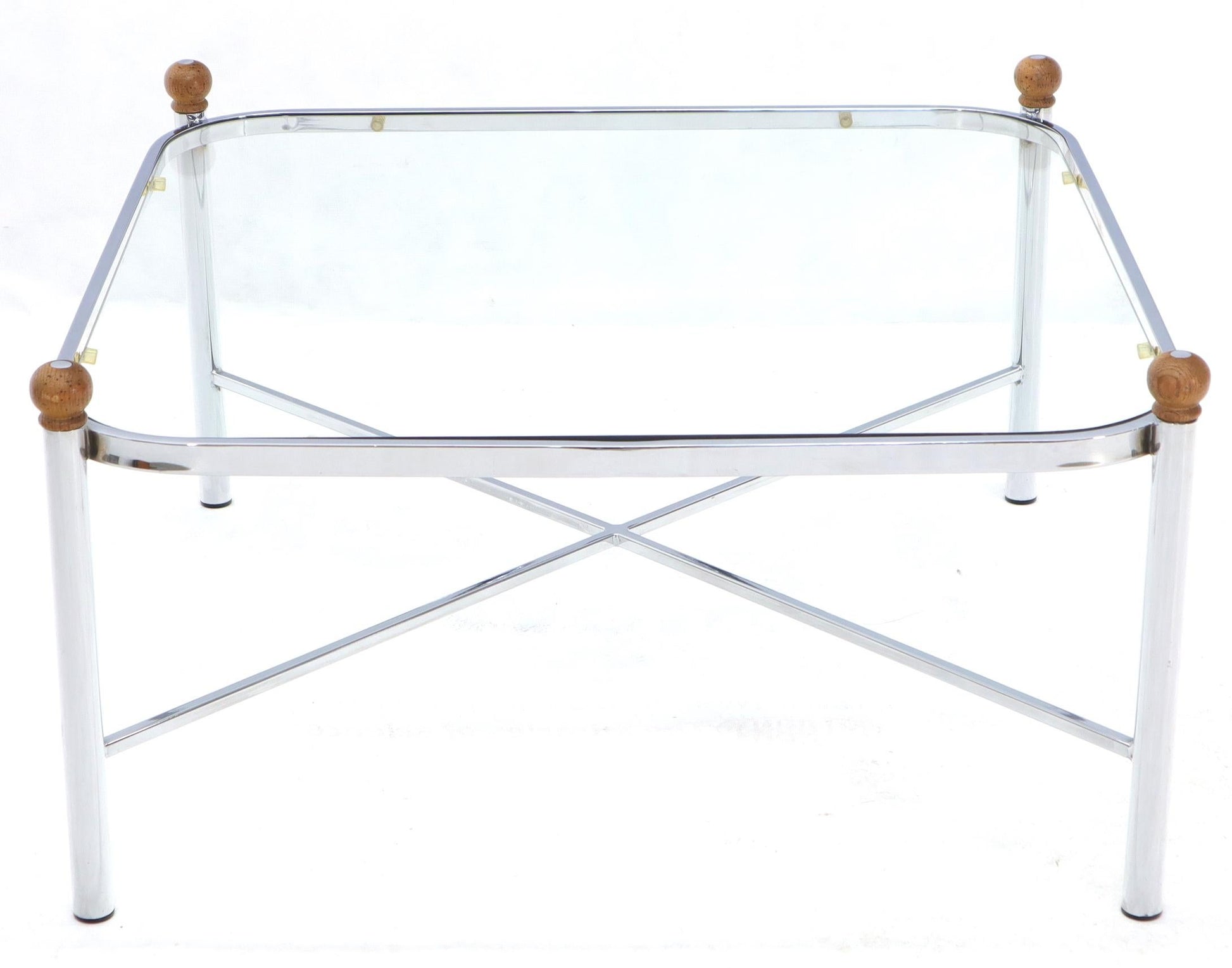 EstablishedLines Square Rounded Corners Wood Finials X-Stretcher Base Chrome Coffee Table