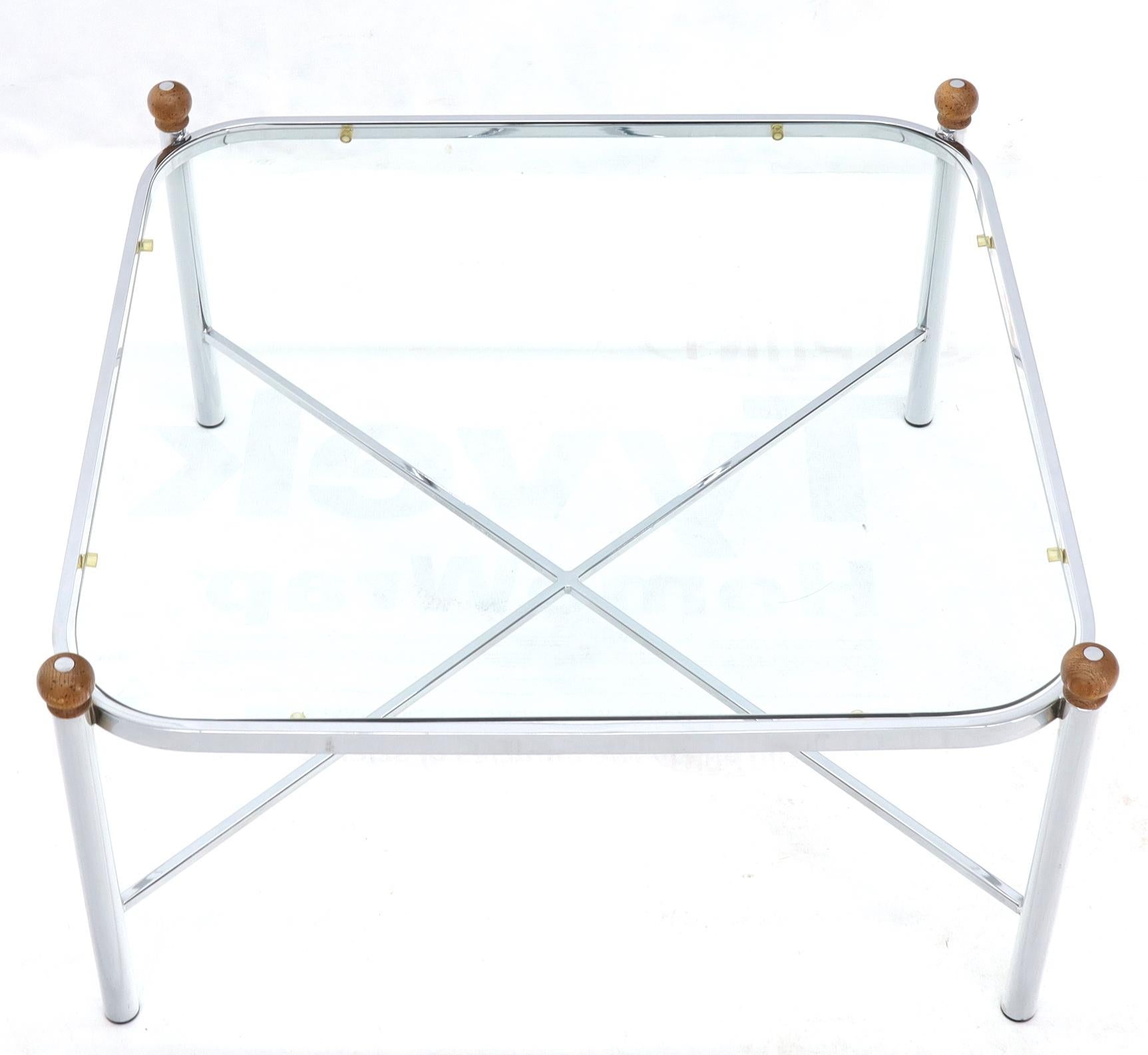 EstablishedLines Square Rounded Corners Wood Finials X-Stretcher Base Chrome Coffee Table