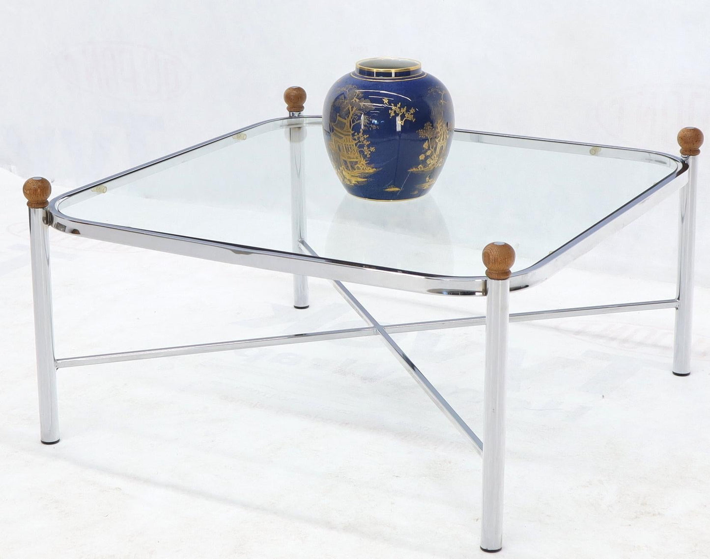 EstablishedLines Square Rounded Corners Wood Finials X-Stretcher Base Chrome Coffee Table