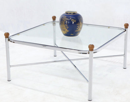 EstablishedLines Square Rounded Corners Wood Finials X-Stretcher Base Chrome Coffee Table