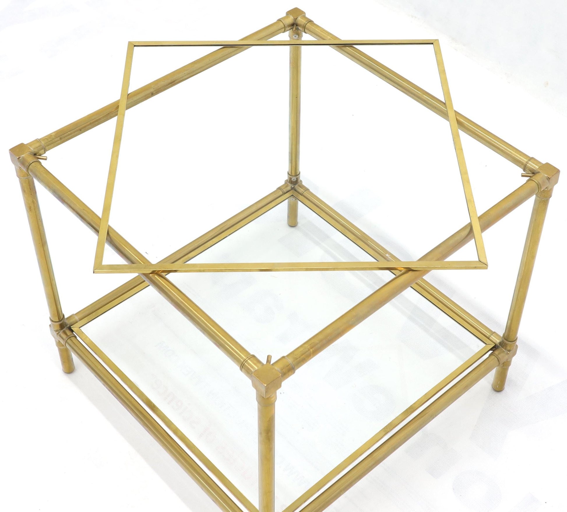 EstablishedLines Heavy Machined Brass Glass Top Cube Shape Side Coffee Table