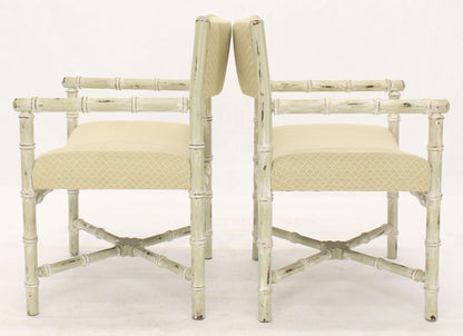 Pair of Distressed Finish Faux Bamboo Capitan Chairs with X Bases
