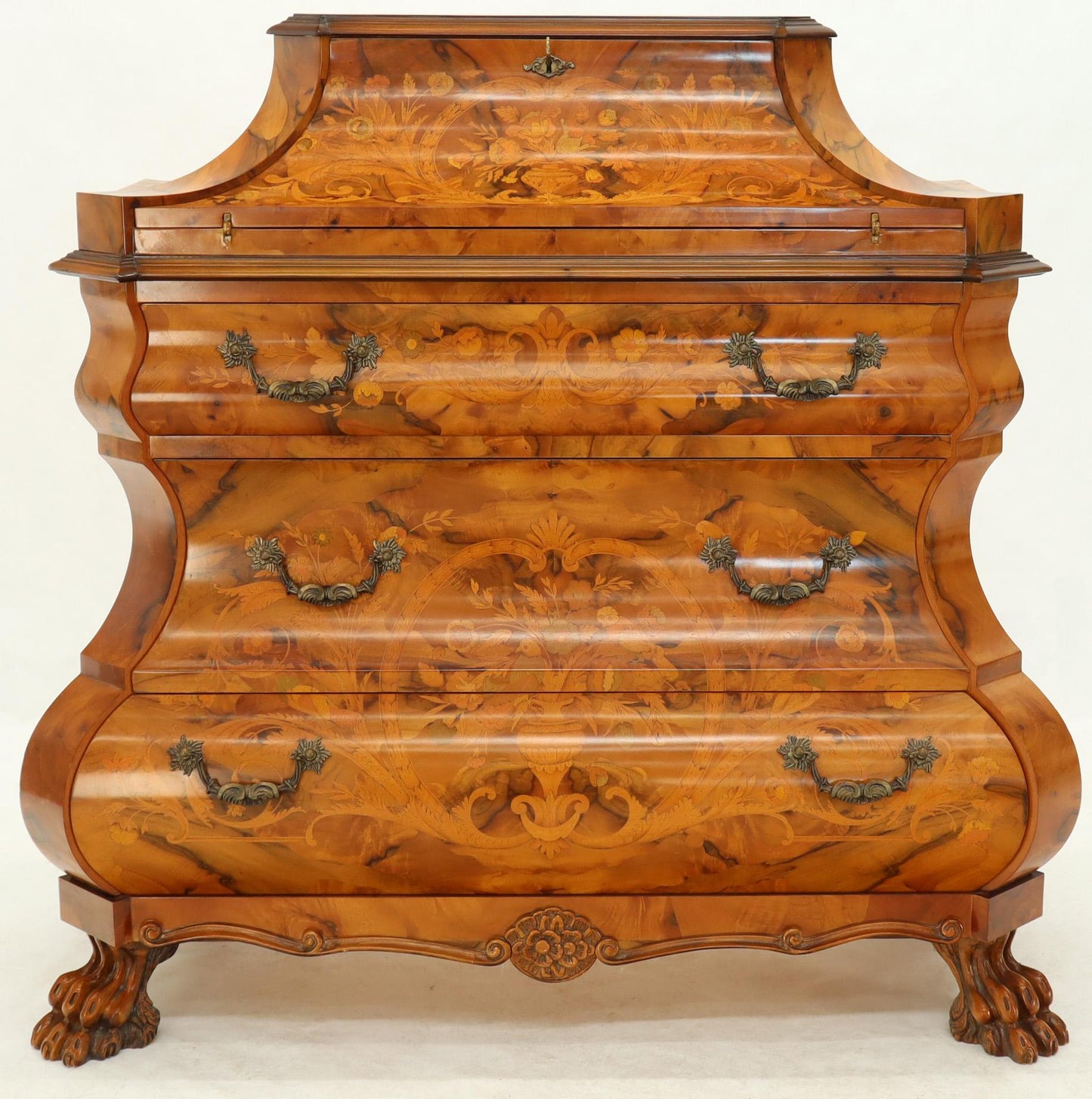 Italian Bombe Inlay Olive Wood Dresser Drop Front Jewerly Compartment Secretary