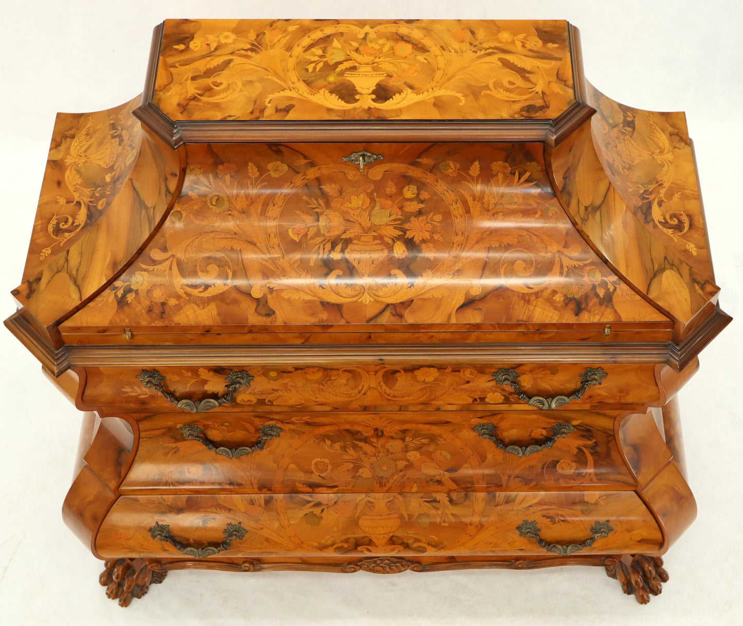 Italian Bombe Inlay Olive Wood Dresser Drop Front Jewerly Compartment Secretary