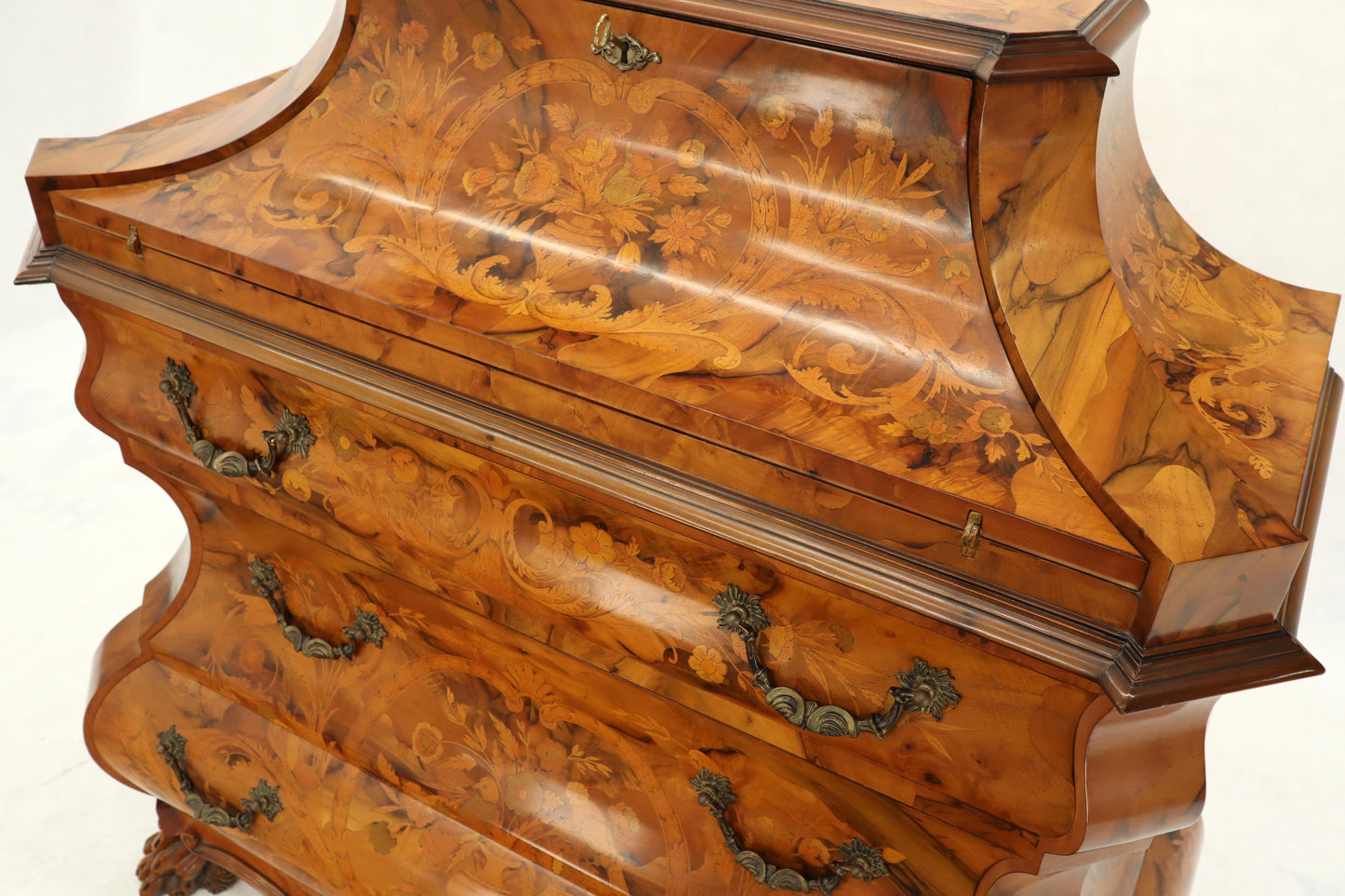 Italian Bombe Inlay Olive Wood Dresser Drop Front Jewerly Compartment Secretary