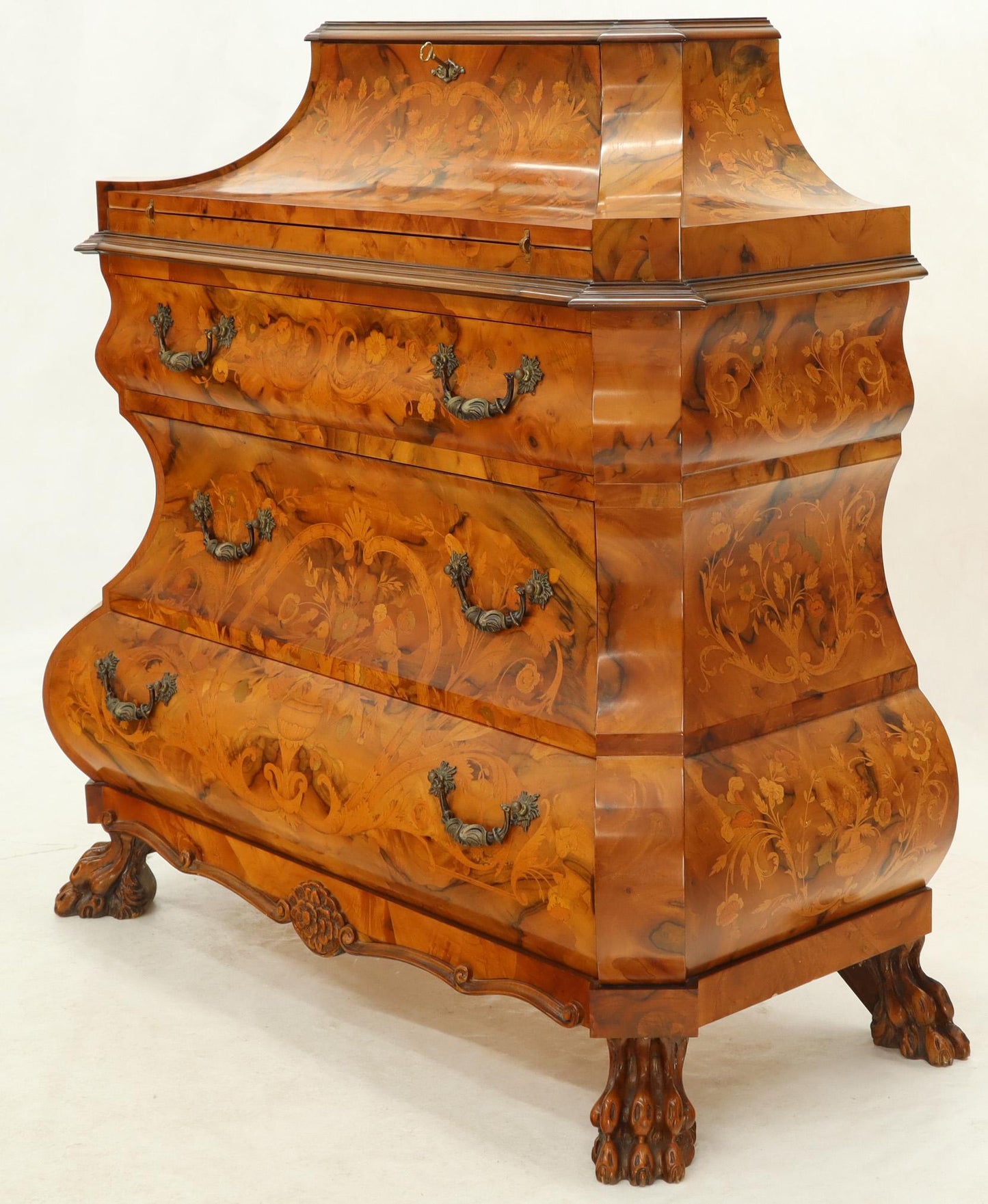 Italian Bombe Inlay Olive Wood Dresser Drop Front Jewerly Compartment Secretary