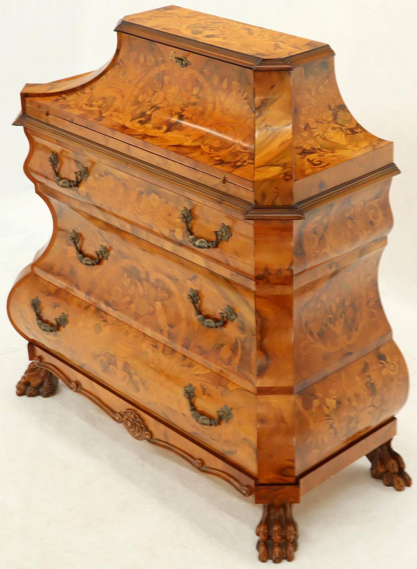 Italian Bombe Inlay Olive Wood Dresser Drop Front Jewerly Compartment Secretary