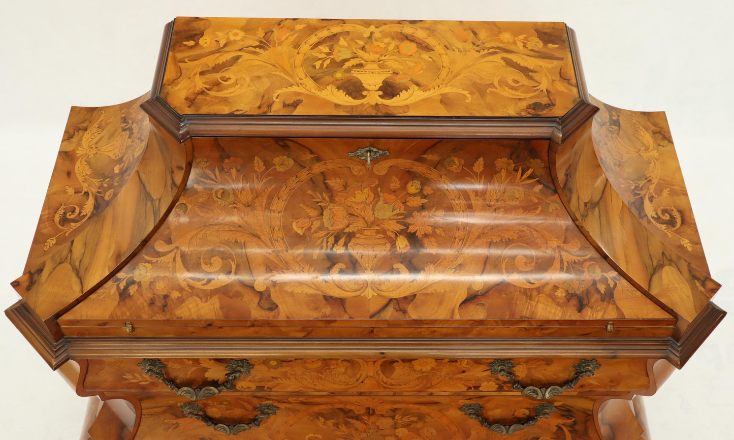 Italian Bombe Inlay Olive Wood Dresser Drop Front Jewerly Compartment Secretary