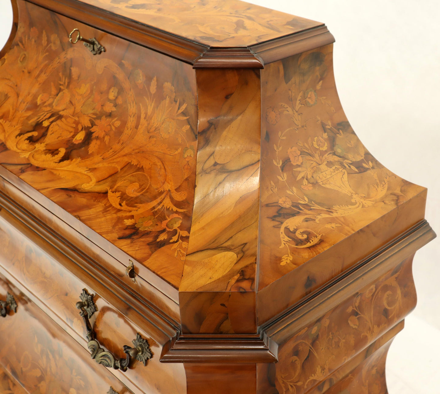Italian Bombe Inlay Olive Wood Dresser Drop Front Jewerly Compartment Secretary