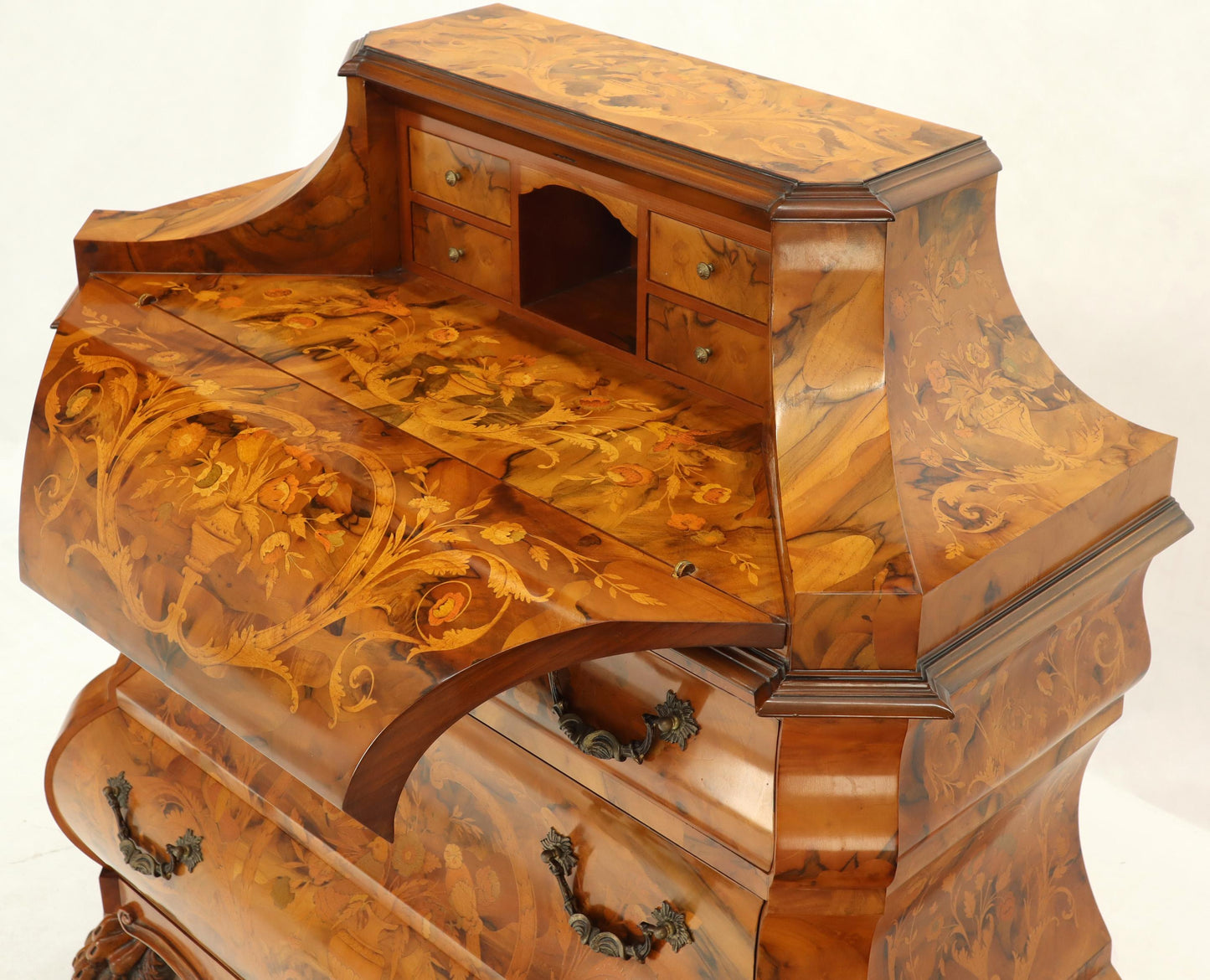 Italian Bombe Inlay Olive Wood Dresser Drop Front Jewerly Compartment Secretary