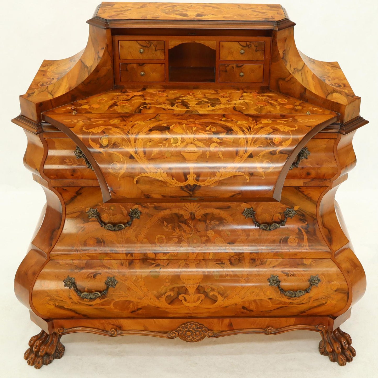 Italian Bombe Inlay Olive Wood Dresser Drop Front Jewerly Compartment Secretary