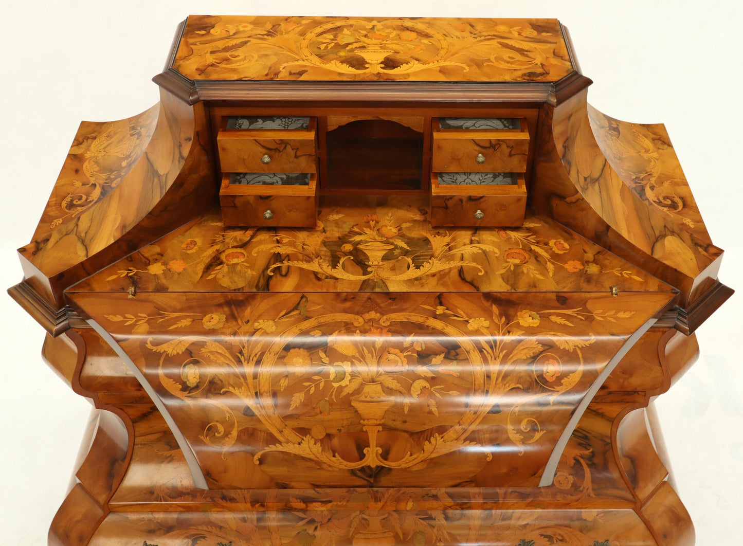 Italian Bombe Inlay Olive Wood Dresser Drop Front Jewerly Compartment Secretary