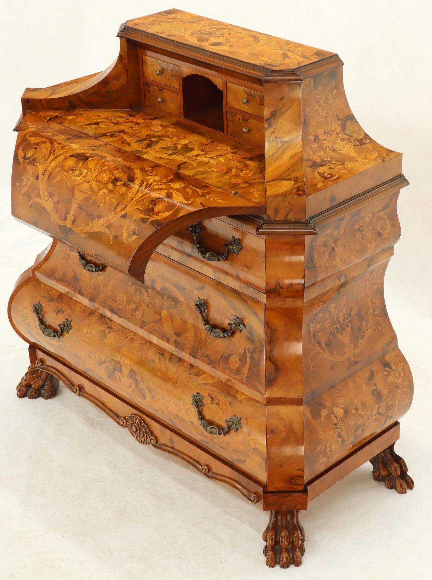 Italian Bombe Inlay Olive Wood Dresser Drop Front Jewerly Compartment Secretary