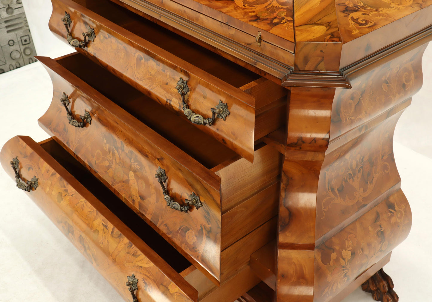 Italian Bombe Inlay Olive Wood Dresser Drop Front Jewerly Compartment Secretary
