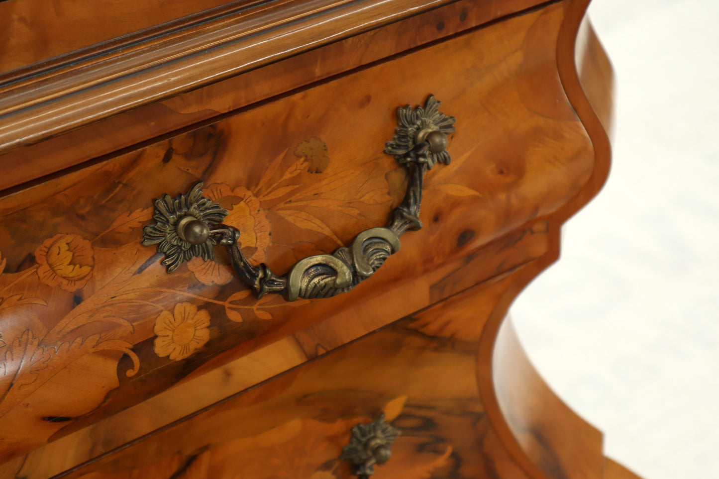 Italian Bombe Inlay Olive Wood Dresser Drop Front Jewerly Compartment Secretary