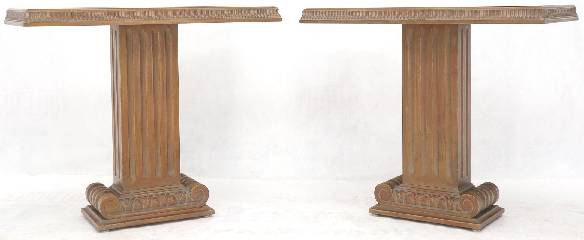 EstablishedLines Pair of Reverse Painted Glass Tops Single Pedestal Side Occasional Tables