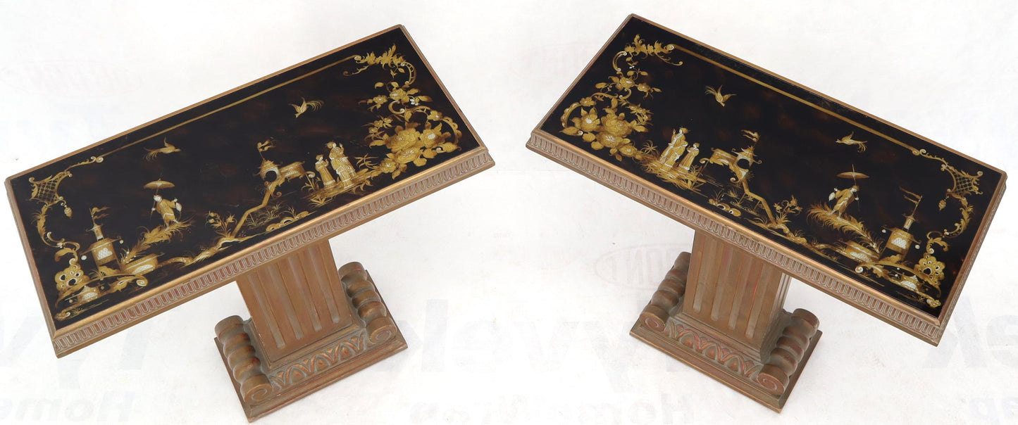 EstablishedLines Pair of Reverse Painted Glass Tops Single Pedestal Side Occasional Tables